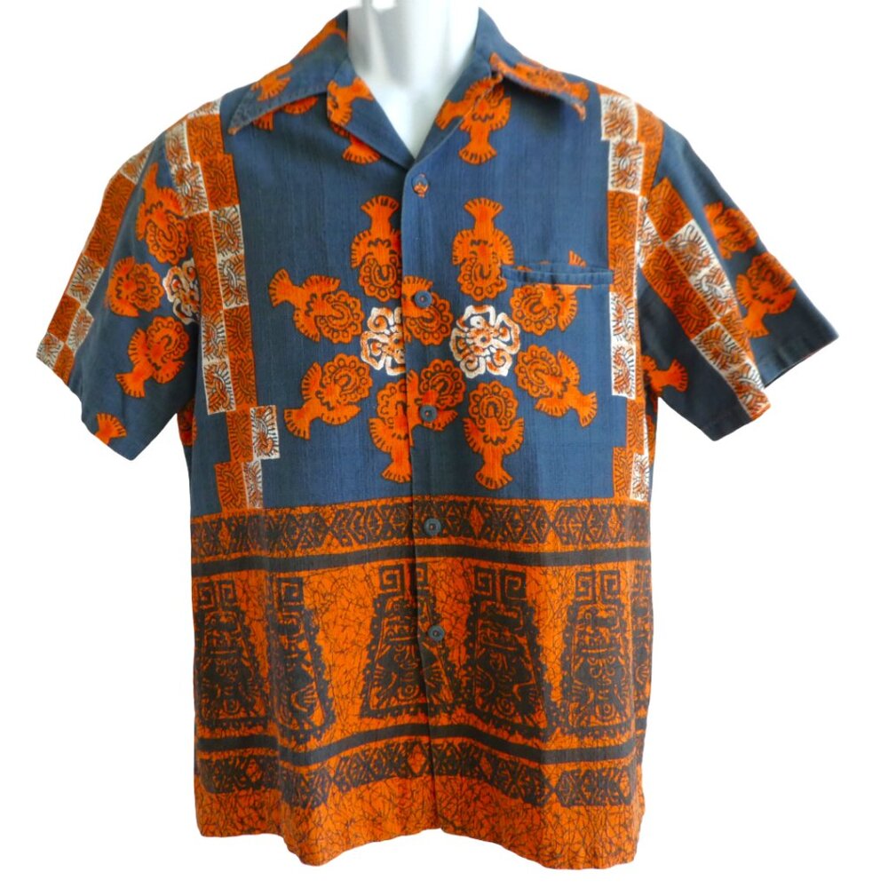 Vintage Hawaiian Barkcloth iolani Shirt Dagger Collar Short Sleeve Welt Pocket